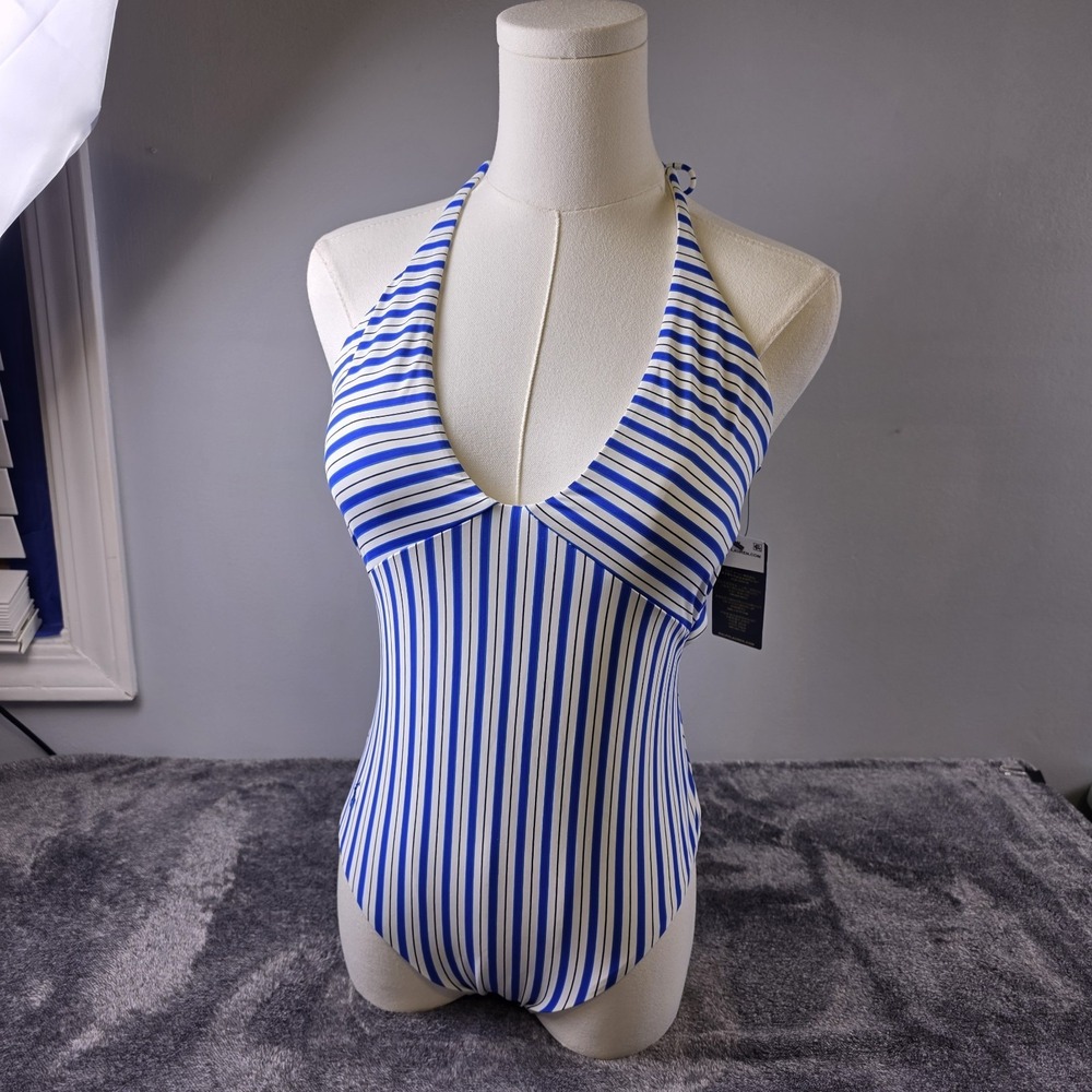 Polo Ralph Lauren One Piece Swimsuit Nautical Blue Stripe Halter Size M Coastal